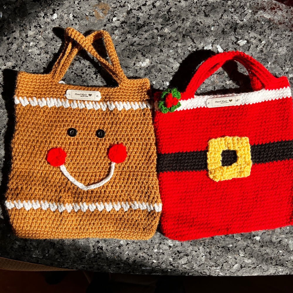 Handmade crochet holiday tote bags set of 2 sold